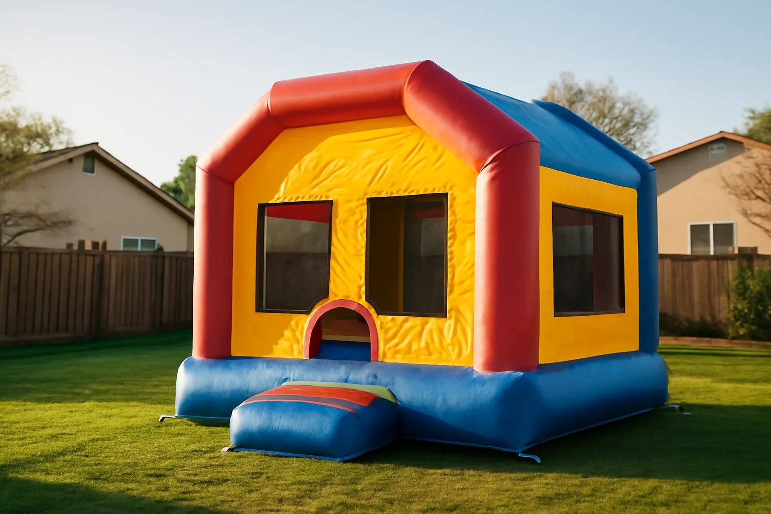 Yellow inflatable bounce house staked on a California backyard lawn at morning