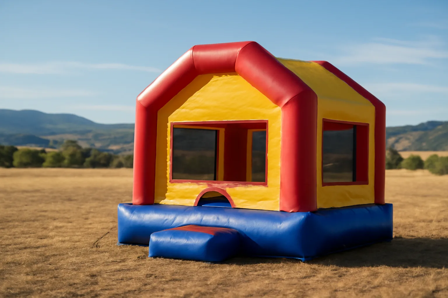 Commercial bounce house anchored in a Colorado yard with foothills behind