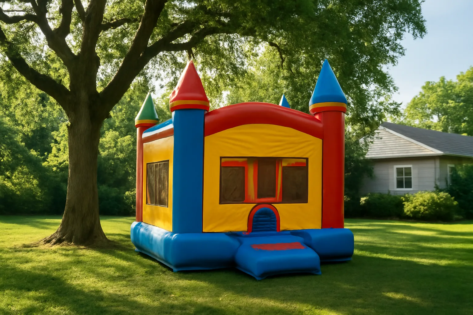 Commercial bounce house staked on a grassy Connecticut backyard under partial tree shade with a suburban home behind