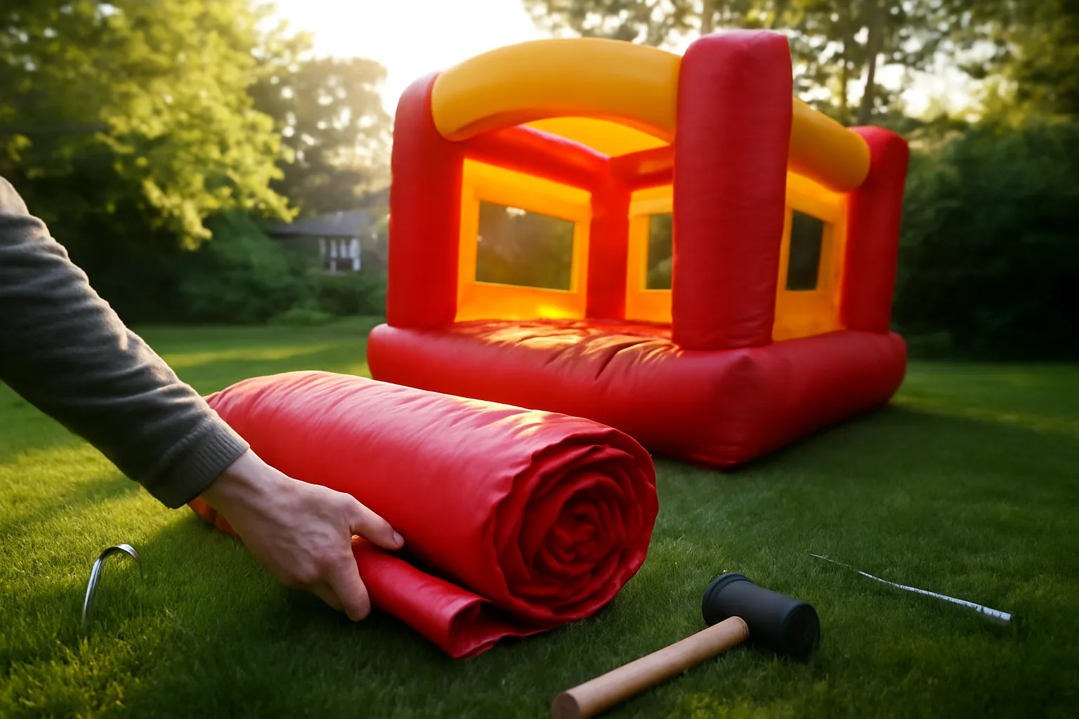 A commercial bounce house being unrolled on a Delaware lawn with setup tools nearby.