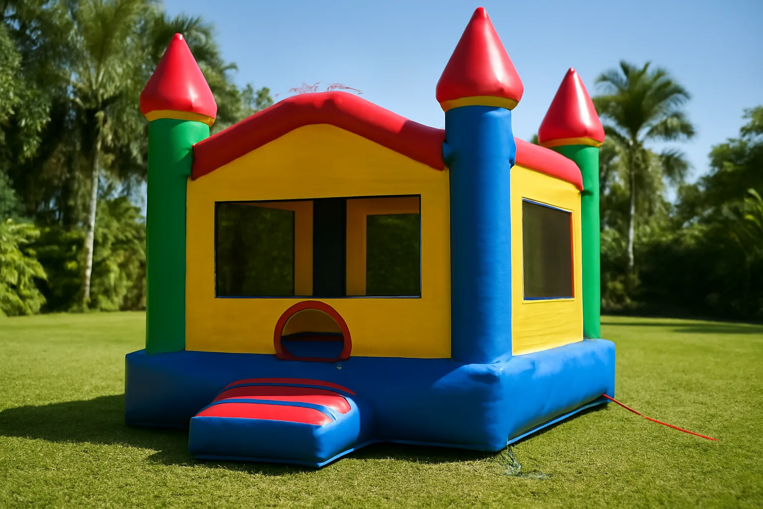 Commercial bounce house set up in a Florida backyard with visible tie-down stakes