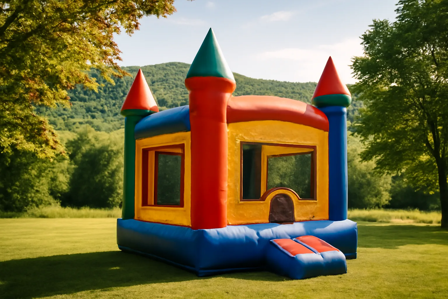 Inflatable bounce house set up in a Vermont backyard on a sunny summer day