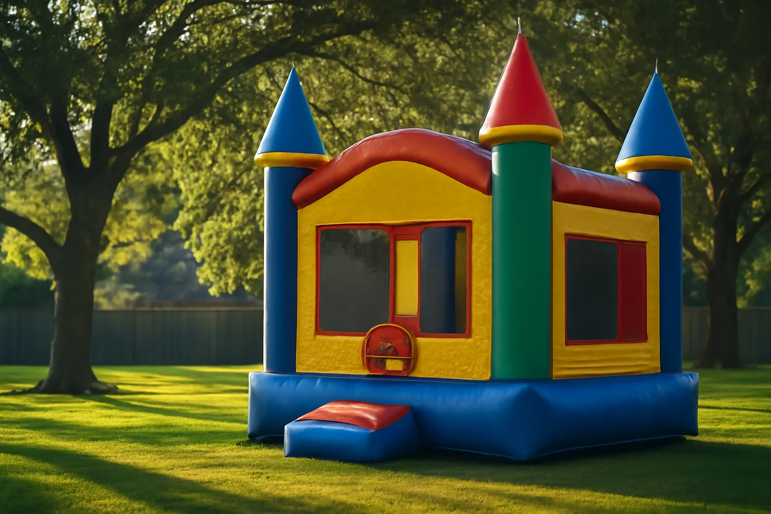 Inflated bounce house set up in a Virginia suburban backyard on a sunny morning